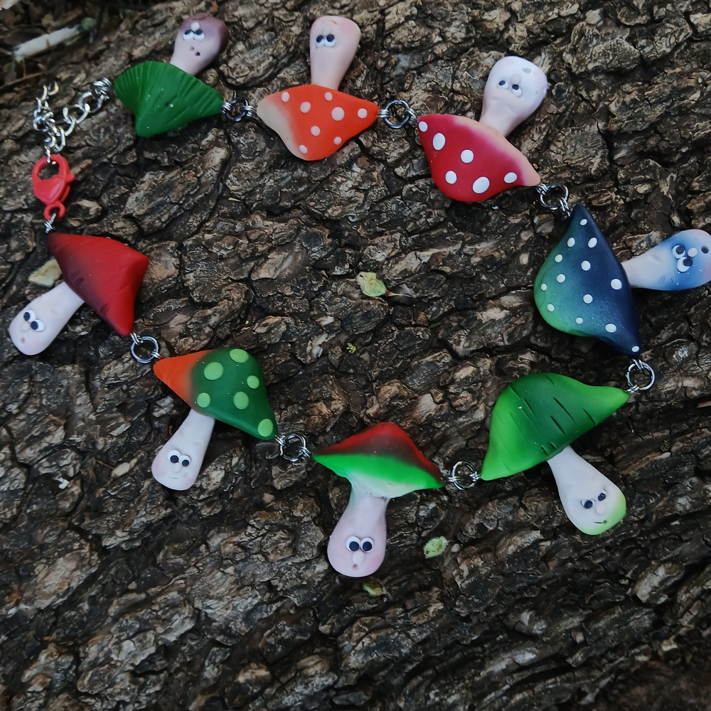 Whimsical Mushroom Necklace in Green, Blue & Red - Picture 5 of 8